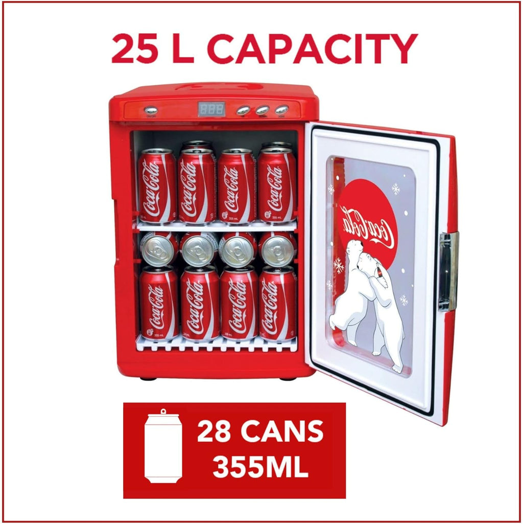 Coca-Cola 25L Retro Mini Fridge Polar Bear Design Portable Cooler/Warmer for Snacks Drinks Skincare Cosmetics with AC DC Capable Ideal for Bedroom Office Dorm Travel