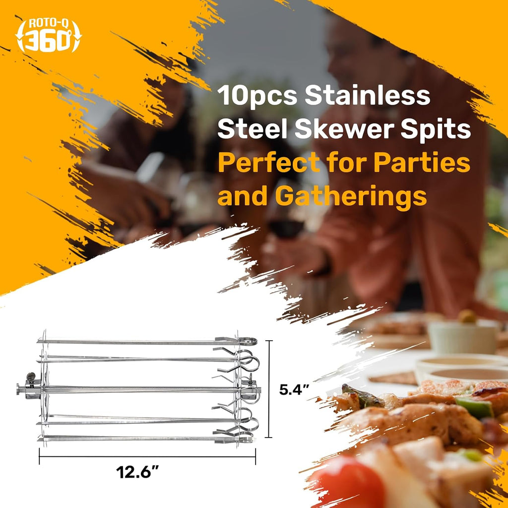 ROTO-Q 360 Non-Electric Rotisserie Kit with 10-Piece Skewer Set - Cordless Spit Roaster for Grills, Ovens, Smokers, BBQs - Indoor & Outdoor Cooking (Black)