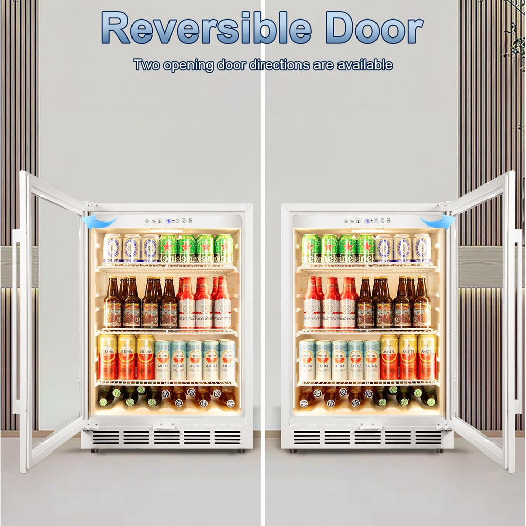 Velivi Beverage Refrigerator, 4.9 Cubic Feet Undercounter/Freestanding 24 Inch Beverage Fridge with Glass Door, LED Light, Safety Lock, Touch Control, Low Noise (White)