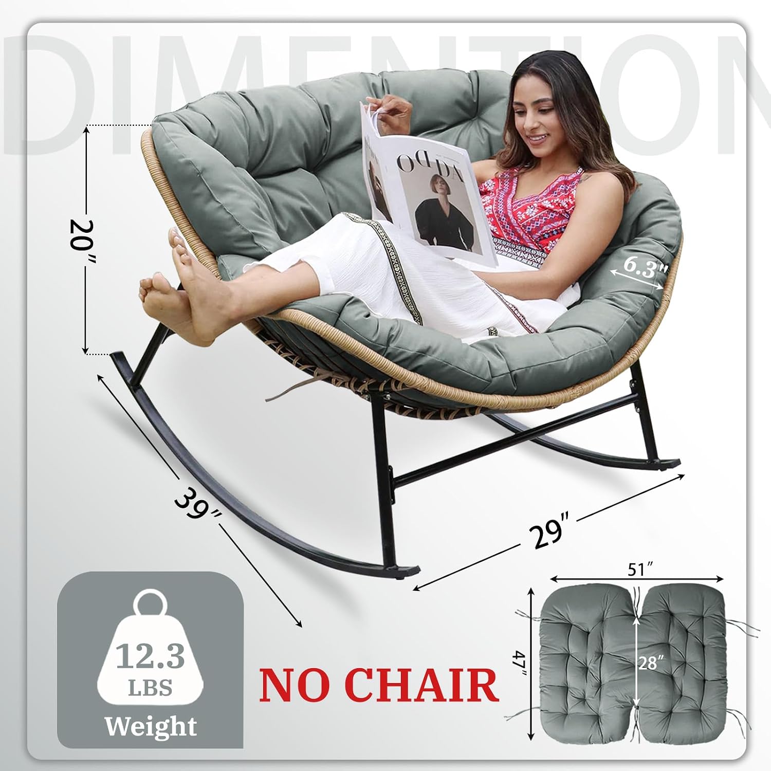 Outdoor Papasan Chair Cushion, 6.3in Rocking Chairs Cushion, Waterproof Patio Egg Chair Cushions for Indoor Outdoor Garden, Porch, Balcony (Light Gray)