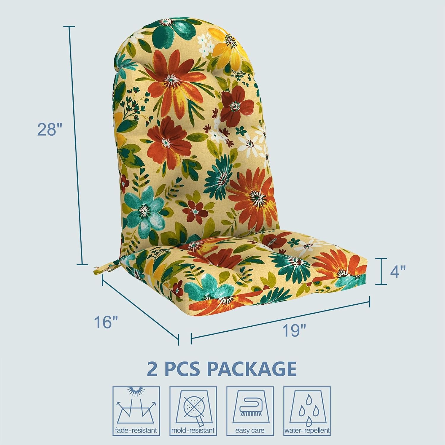 LVTXIII 2 Pack Outdoor Adirondack Chair Cushions, 44x19x4 Inch Water Repellent Patio Cushions for Rocking Chairs, Thick Tufted High Back Seat Cushion Set, Floral Multi