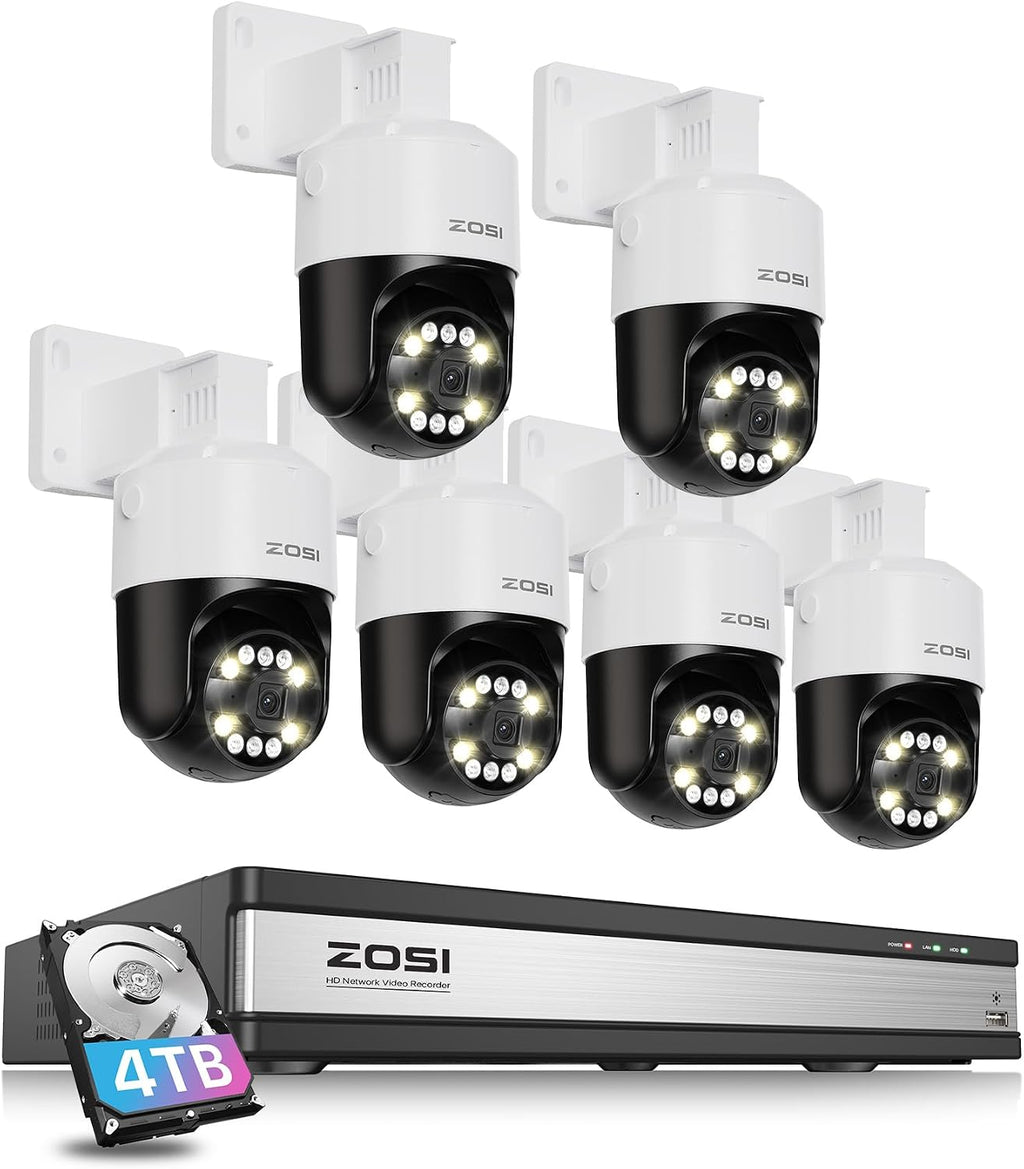 ZOSI 16 Channel 4K PoE Security Camera System with AI Face Person Vehicle Detection, 6 x 5MP 3K Outdoor Auto Tracking PT PoE IP Camera with 5X Digital Zoom and 2-Way Audio, 4TB HDD for 24/7 Recording