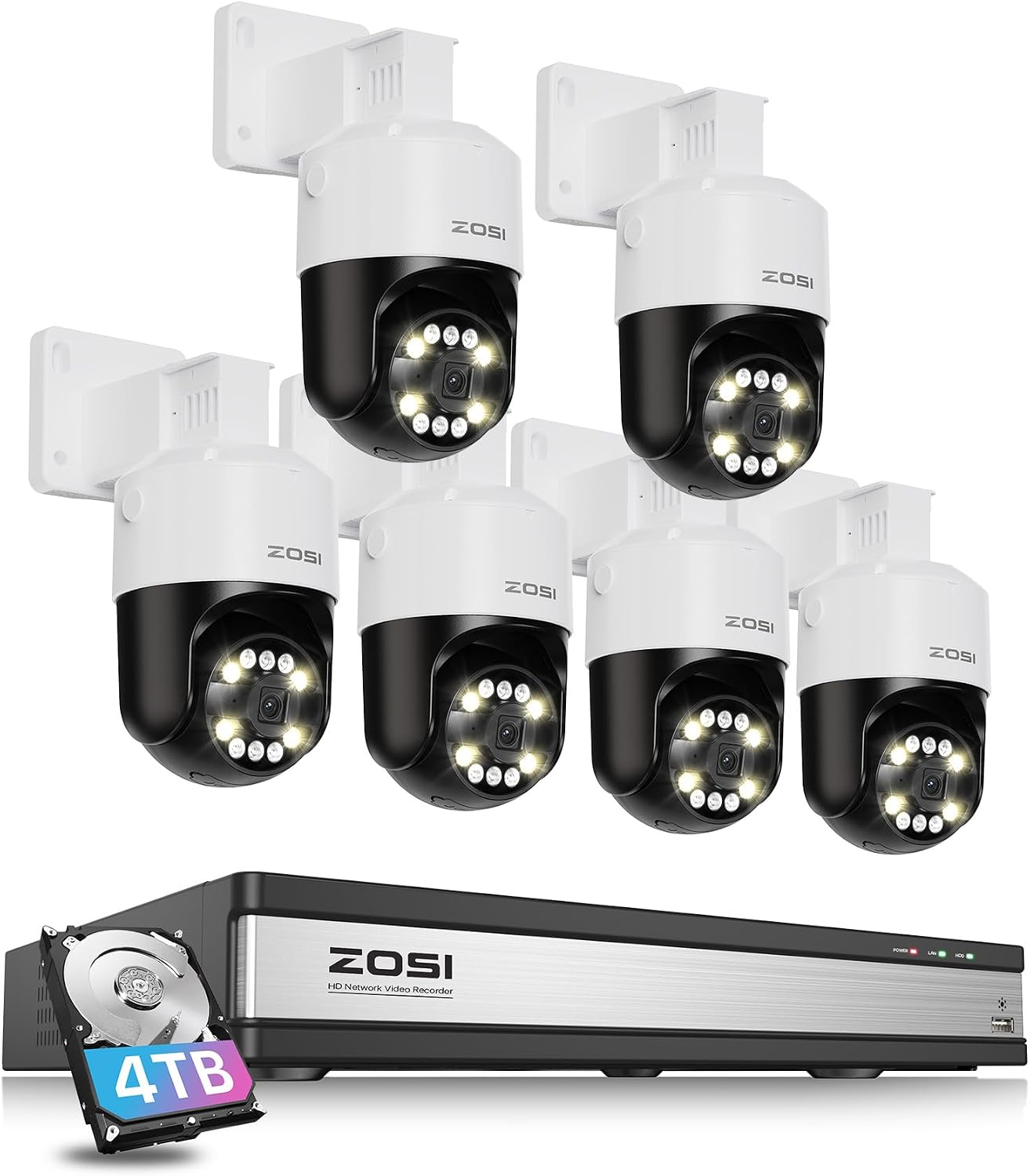 ZOSI 16 Channel 4K PoE Security Camera System with AI Face Person Vehicle Detection, 6 x 5MP 3K Outdoor Auto Tracking PT PoE IP Camera with 5X Digital Zoom and 2-Way Audio, 4TB HDD for 24/7 Recording
