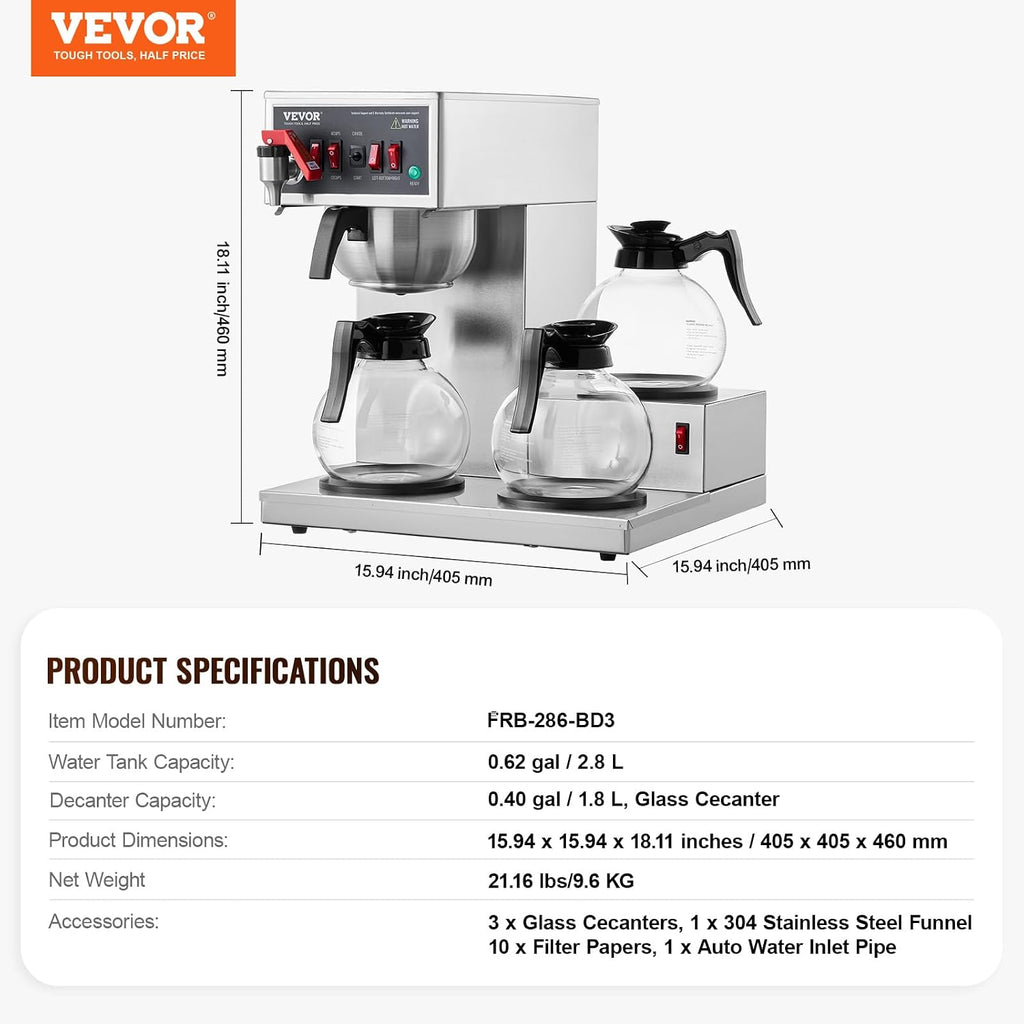 VEVOR 12 Cups Commercial Drip Coffee Maker, Coffee Maker Machine with 3 Glass Carafes and 3 Warmer Plates, Stainless Steel Pour Over Coffee Brewer with Auto Water Intake, for Restaurant Office Cafe