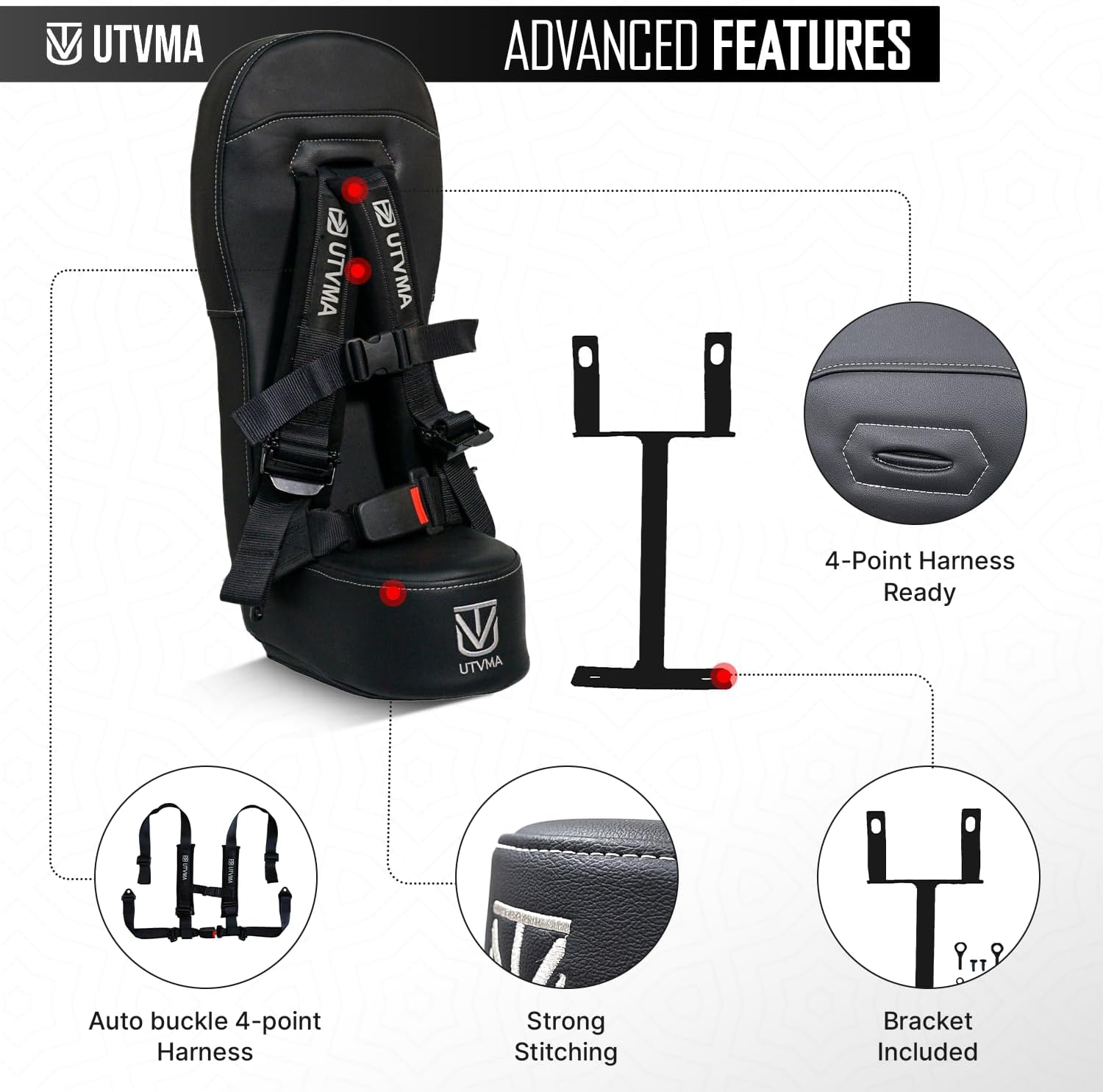 UTVMA RZR 1000 and 900 (2014-2023) Bump Seat with 4-Point Harness | Kids Seat | Jump Seat | All Models (XP, Turbo, Turbo S, High Lifter, Sport, Premium, Ultimate) (Seat with Pink Harness)
