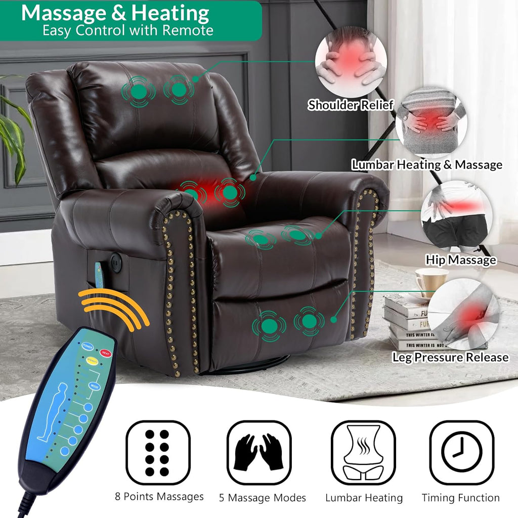 VIVIJASON Manual Rocker Recliner Chair, 360° Swivel Glider Rocking Chair with Heat & Vibration Massage, Faux Leather Reclining Chair with Remote Control, Side Pockets & USB Ports for Living Room