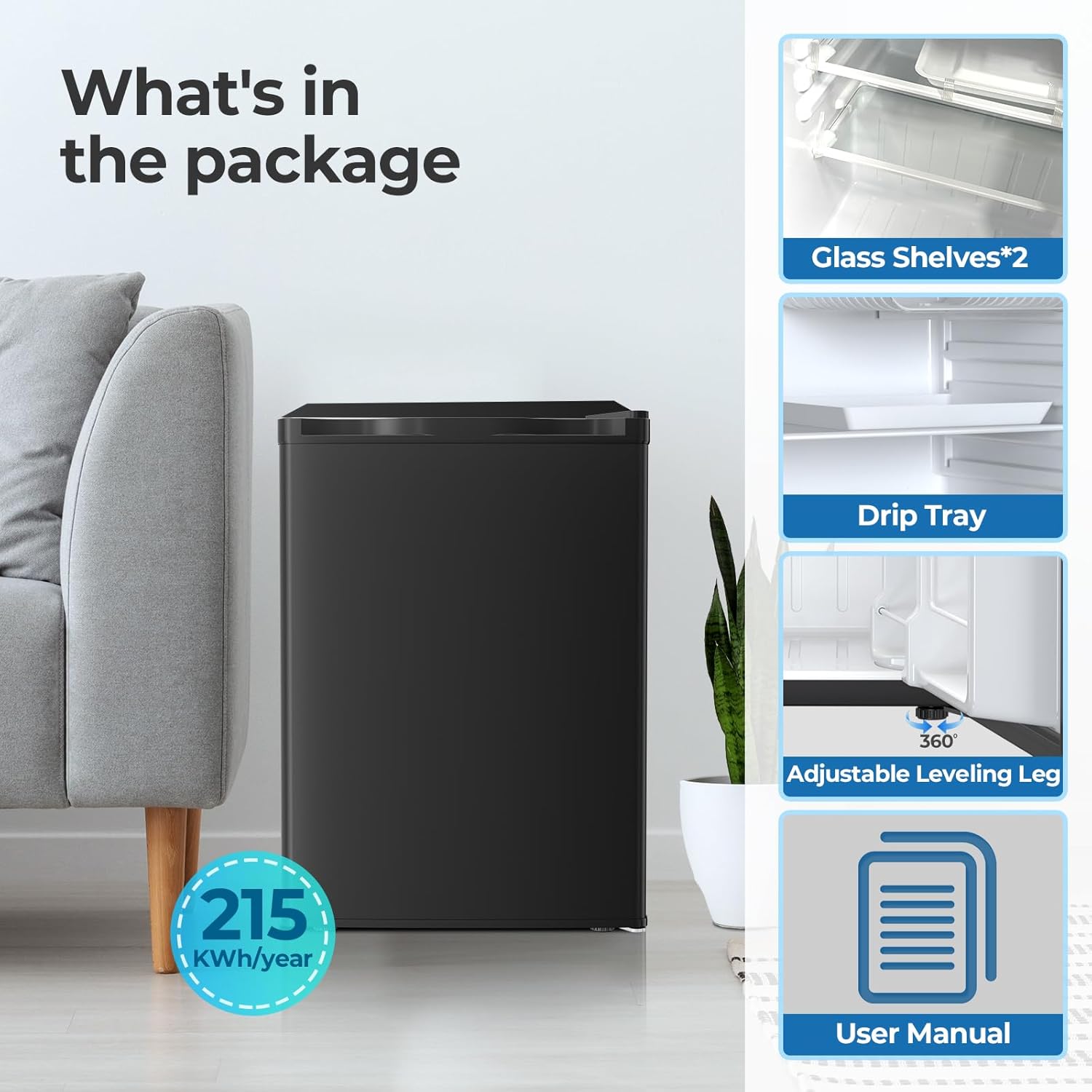 Electactic 2.56 Cu.ft Compact Refrigerator with Reversible Single Door, BLACK