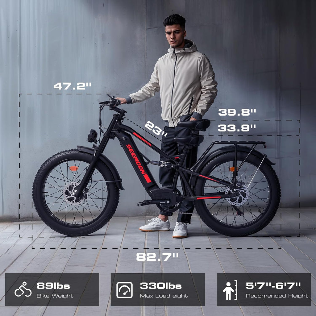 Seemoon 4000W Dual Motor Electric Bike for Adults,36 MPH Max up to100-Miles,52V 20Ah Battery & 160 Nm ,26' Fat Tire Mountain Ebike for Men Women,Full Suspension E-bike for Commuter Hunting Off-Road