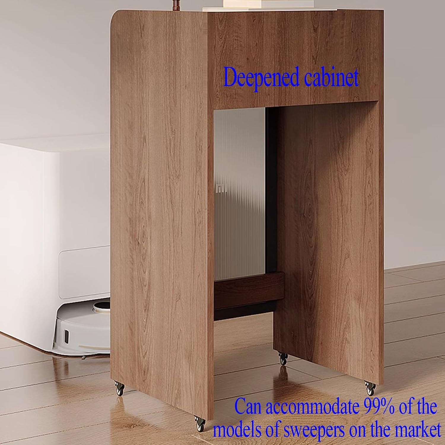 Small Storage Cabinet with Wheels for Robot Vacuum and Mop Self Emptying, Wooden Side Table Bedroom End Table for Robot Vacuum's Nest House for Living Room(Brown,55 * 50 * 96cm)