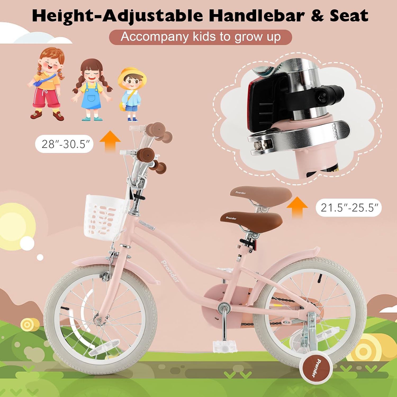 BABY JOY Kids Bike, 12 14 16 18 20 Inch Boys Girls Bike w/Adjustable Seat, Removable Basket, Handbrake & Coaster Brake, Training Wheels or Kickstand, Kids Bicycle with Multi-Color