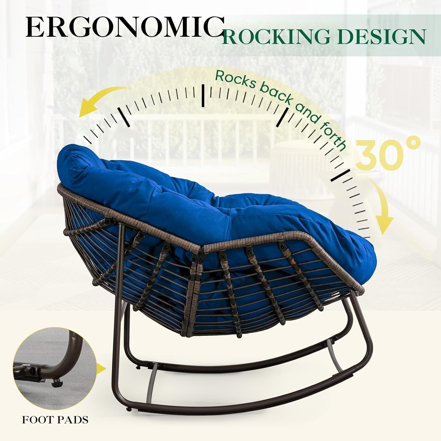 Deolme Large Papasan Rocking Chair with Cushion, Oversized Comfy Reading Chair Lounging Indoor Outdoor Rocker for Front Porch Backyard Bedroom Living Room Egg Chair Rattan (Blue Padded)
