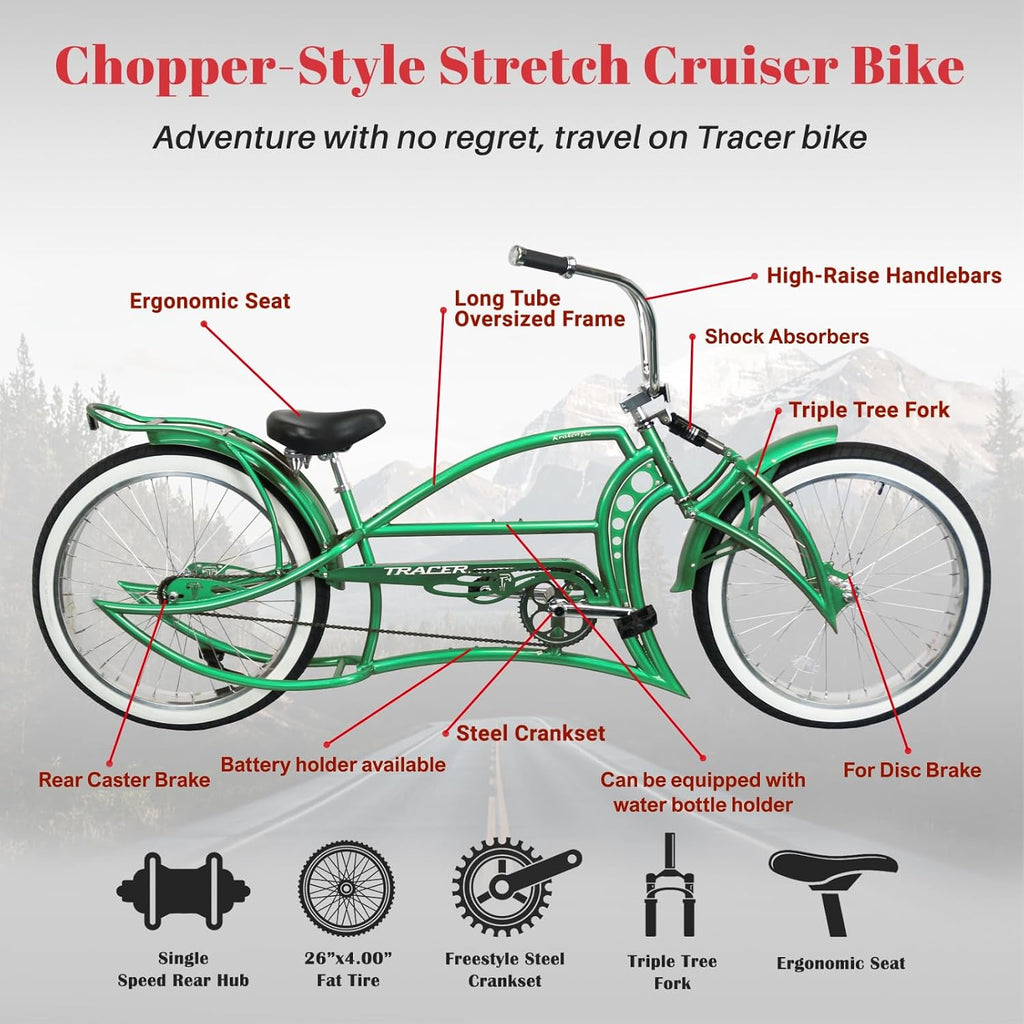 Tracer KRAKER PRO 26 Inch Stretch Chopper Bicycle for Adult,Single Speed Men Lowrider Bike with Oversized Hi-Ten Stretch Steel Frame,Front Wheel 26 * 3.5,Rear Wheel 26 * 4.0 Multiple Colors