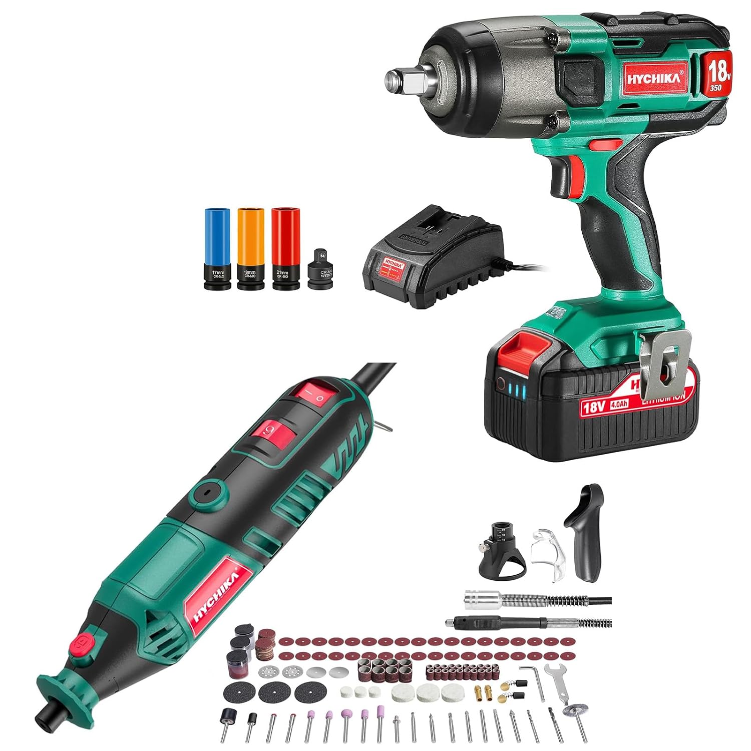 HYCHIKA 18 V Max Cordless Impact Wrench,180W Rotary Tool,2-Tool Power Tool Set Combo Kit