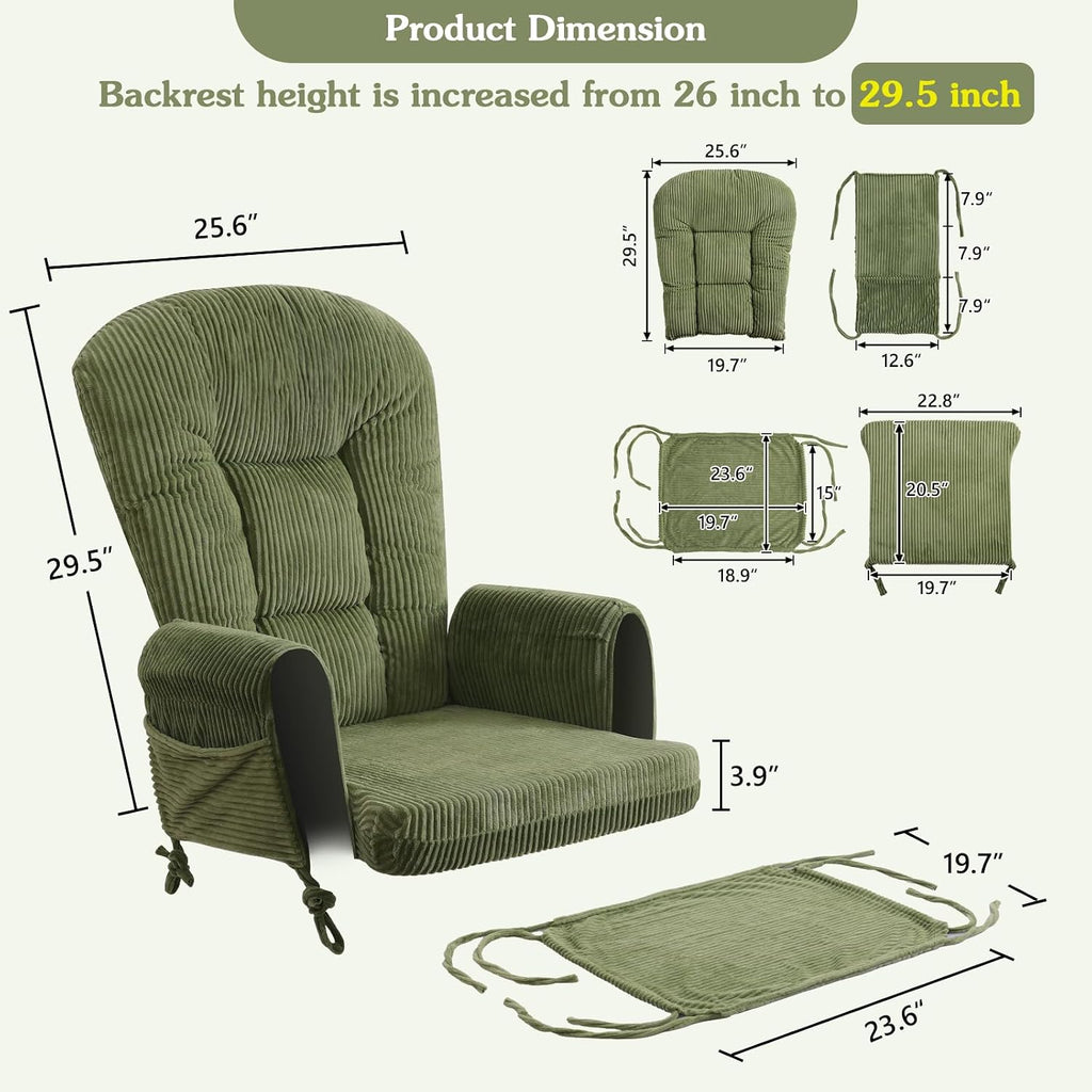 ANMINY 5pcs Glider Rocker Replacement Cushions Set - Thickened Fleece Glider Rocking Chair Cushions with 29.5 inch High Backrest & Side Pockets for Indoor Nursery, Washable & Non Slip, Green