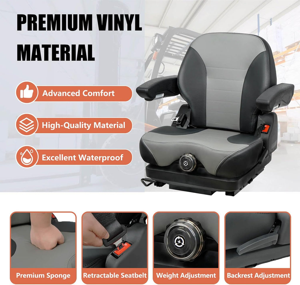 Tractor Suspension Seat, Adjustable Seatbelt Backrest Armrests Weight Adjustment - Compatible with Toro Bad Boy Scag Kubota Ferris Hustler Gravely Zero-Turn Mowers & Tractors