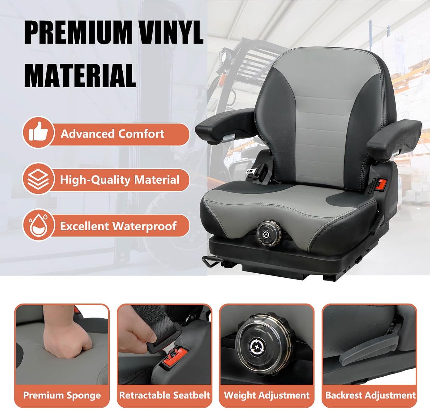 Tractor Suspension Seat, Adjustable Seatbelt Backrest Armrests Weight Adjustment - Compatible with Toro Bad Boy Scag Kubota Ferris Hustler Gravely Zero-Turn Mowers & Tractors