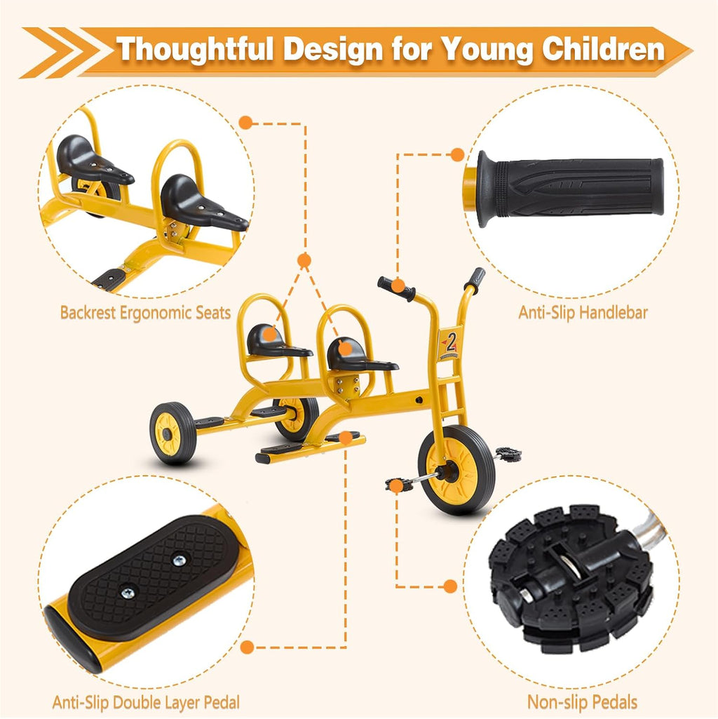 Kids Tricycle for Toddler Ages 3+, Preschool Kids Trike Bike with Non-Slip Pedal and Airless Rubber Wheels, Outdoor Playground Daycare Kid's Balance Bike, Gift for Boys and Girls (Tandem-Yellow)