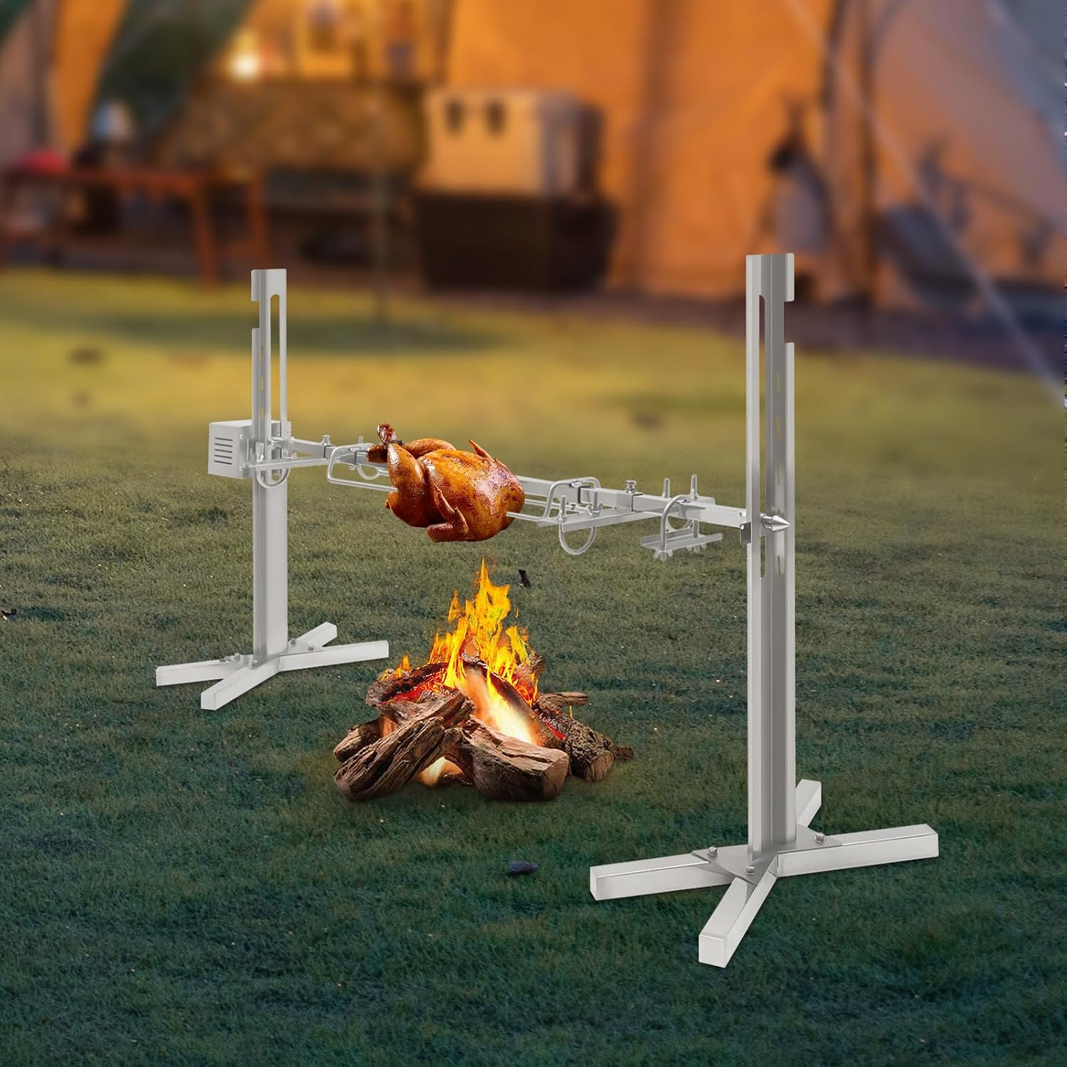 Electric Rotisserie Grill, Automatic 360-Degree Rotation Stainless Steel Rotisserie Stand, Adjustable Height Load 90Lbs Spit Rotisserie BBQ Grill for Roasting Pig Lamb Outdoor Camping Party (Silver)