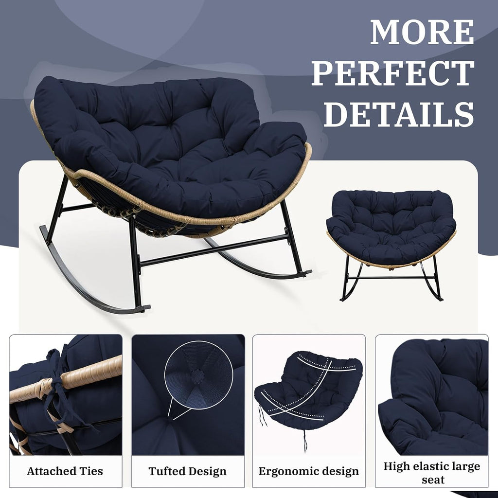Outdoor Rocking Chair Cushions 6.3' Thick, Only Cushion, Waterproof, Fade-Resistant, Patio Egg Lounge Chair Cushion with 6 Straps, Indoor Papasan Chair Cushion (Navy Blue)