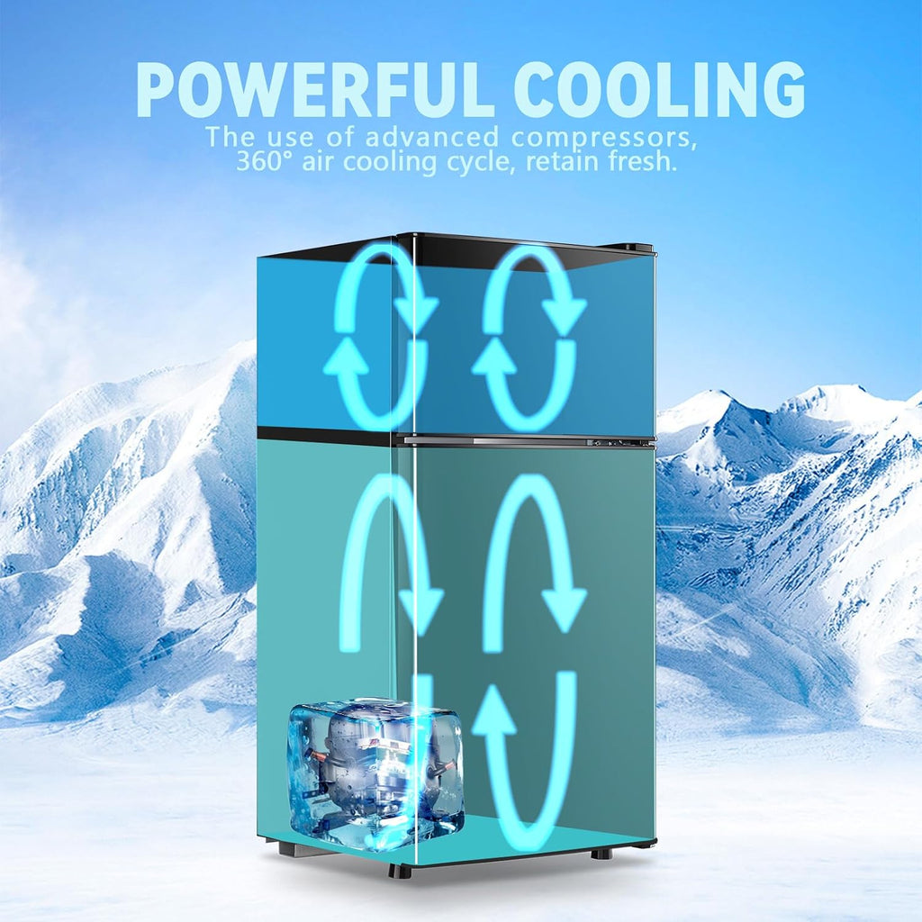 Mini Fridge with Freezer 2.4 Cu.ft Mini Refrigerator Freezer Double Doors 7 Modes Temp Suit for Apartment Bedroom Office Black