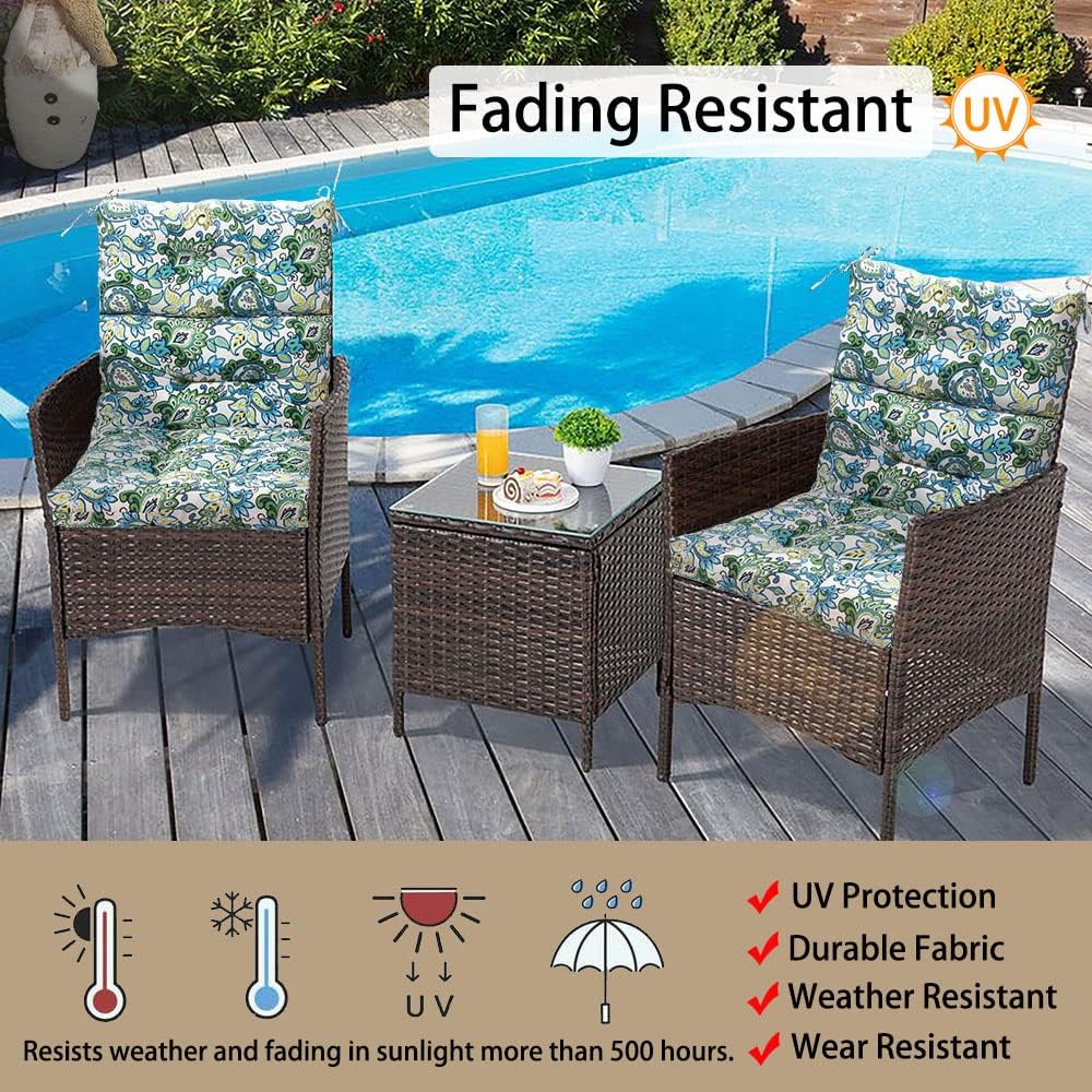 Magpie Fabrics Indoor Outdoor Tufted High Back Chair Cushion Set of 2, Waterproof All-Weather Deep Seating Rocking Chair Patio Garden Chaise Lounge Sun Lounger Chair Cushions(Botanical Blue Green)