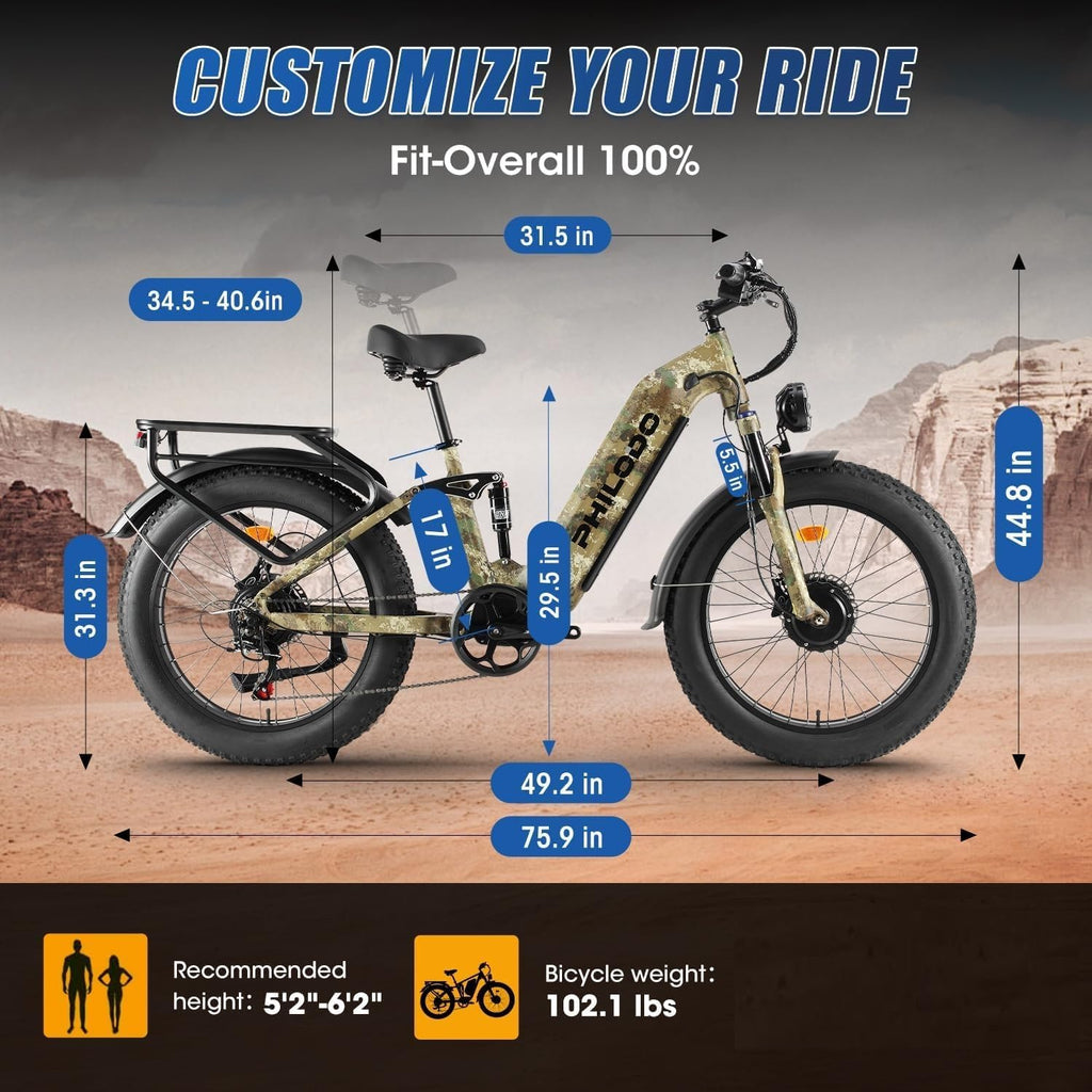 Falcon 60V 32AH Off-Road Electric Bike - 5000W Dual Motor Hunting Ebike, Fat Tire Full Suspension Dirt Bike for Adults, Long Range Snow/Sand Electric Bicycle