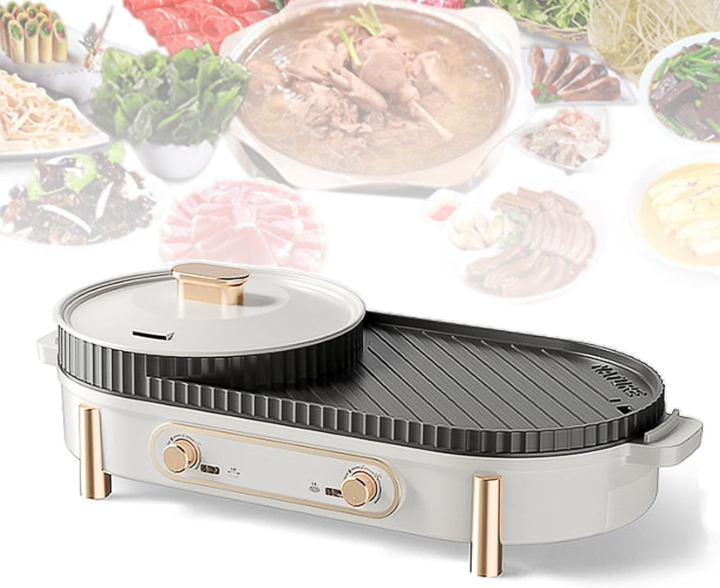 Household Electric Hot Pot with Grill, Teppanyaki Grill Pot and BBQ Pan, Independent Temperature Control, Non-stick Coating, Easy to Clean, For 3-8 People to Enjoy, 2200 W