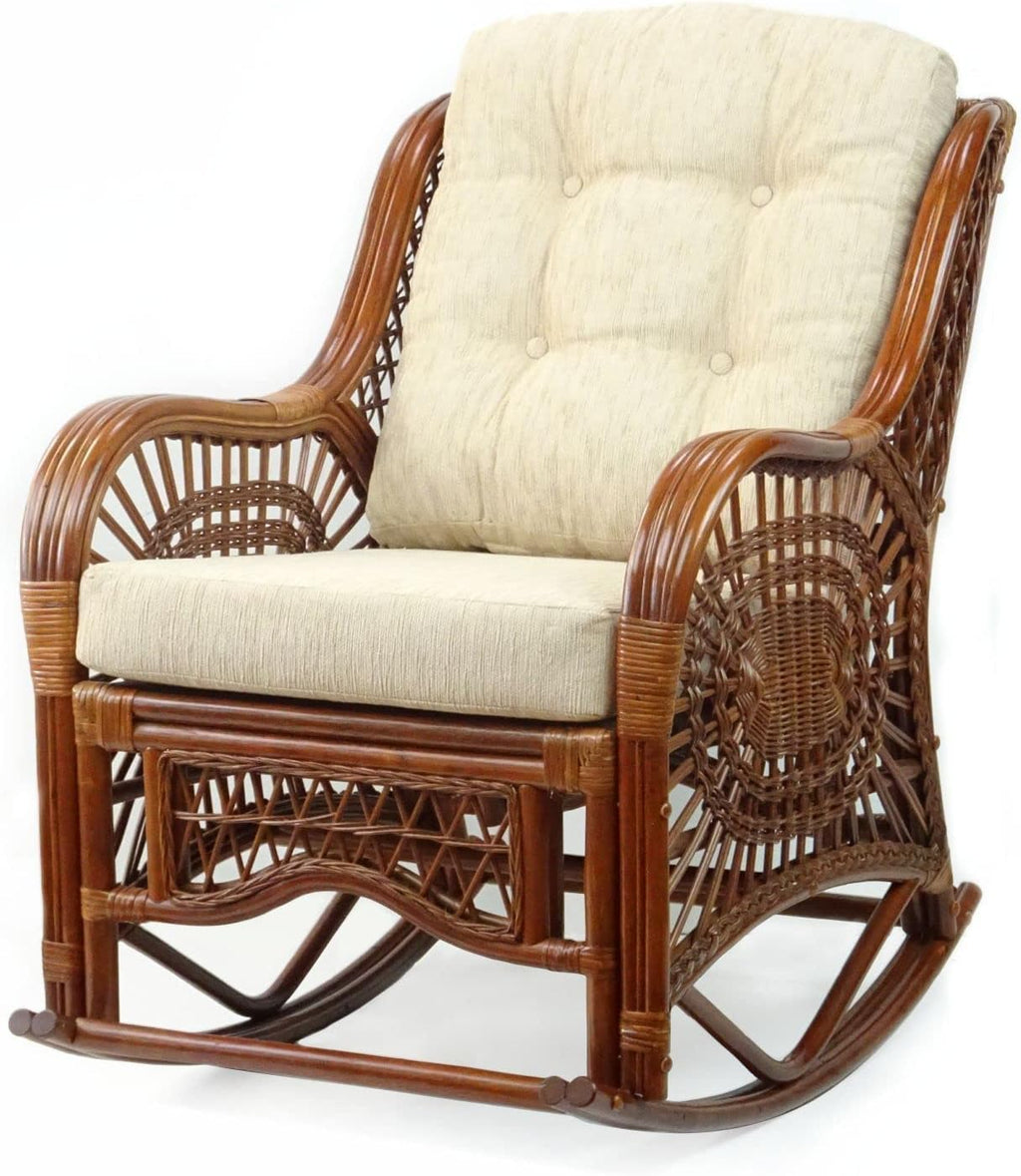 Malibu Rocking Handmade Lounge Chair ECO Natural Wicker Rattan Colonial Color with Cream Cushion, Indoor ONLY