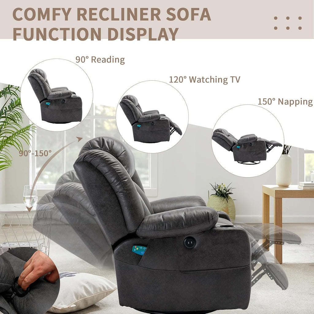 360° Swivel Rocker Recliner Chair with Heat and Massage, Manual Glider Rocking Reclining Chair, Swivel Overstuffed Lounge Reclining Chair with 2 Cup Holders, Side Pockets & USB Ports, Grey