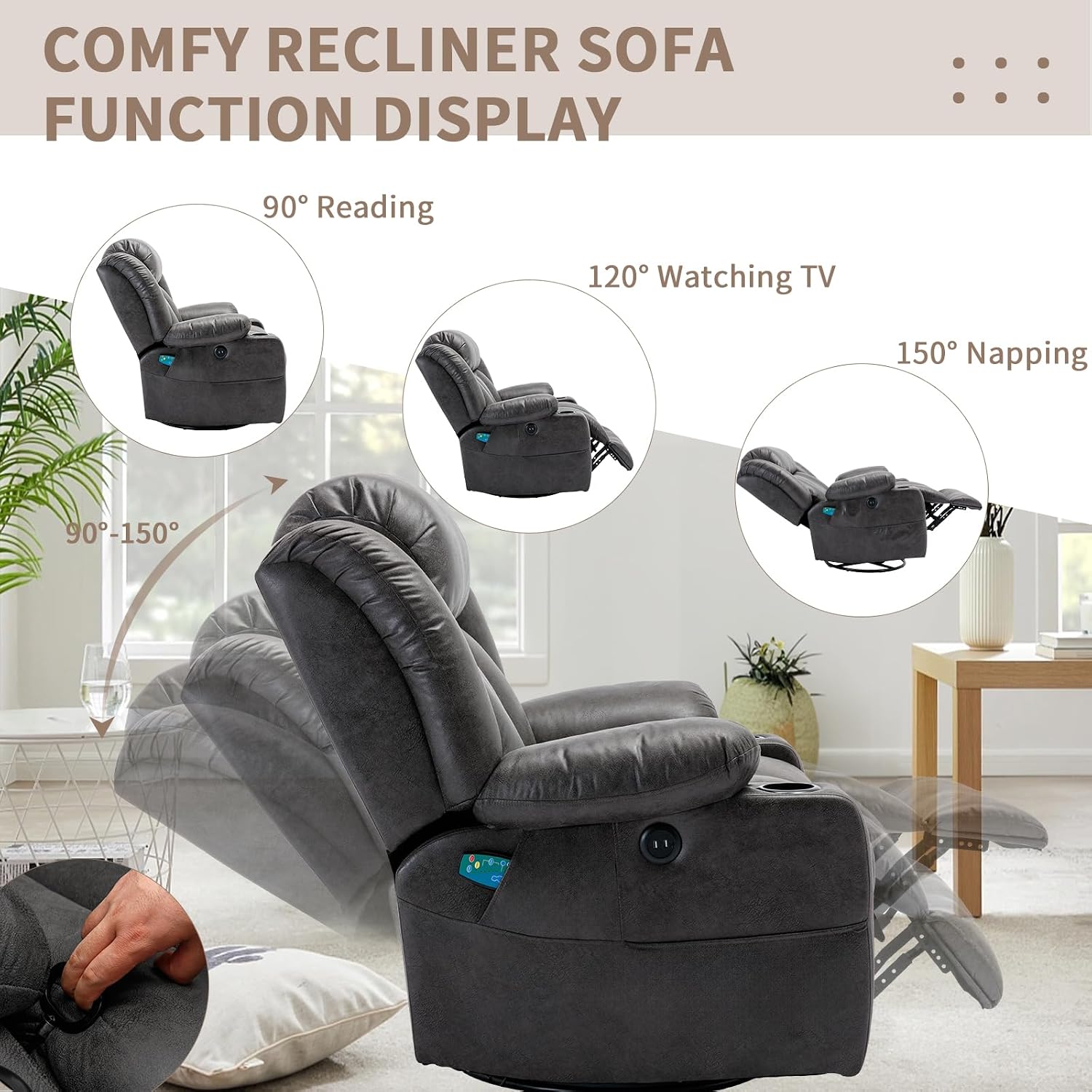 360° Swivel Rocker Recliner Chair with Heat and Massage, Manual Glider Rocking Reclining Chair, Swivel Overstuffed Lounge Reclining Chair with 2 Cup Holders, Side Pockets & USB Ports, Grey