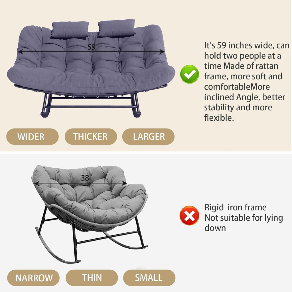 Oversized Outdoor Rocking Papasan Chair,Double Patio Rocking Chair for 2-Person,Loveseat Rocker with Thick Cushion&Rattan Frame,Large Lounge Chair for Outdoor Balcony Garden (Gray)