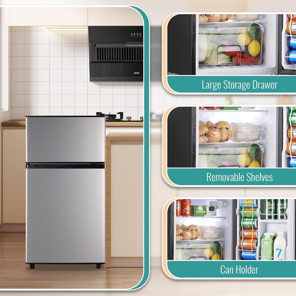 WANAI 3.5 Cu.Ft Mini Fridge with Freezer, Freestanding Refrigerator for Office, Dorm, Apartment, 7-Level Adjustable Thermostat, 2 Removable Shelves and Bakset, Small Fridge in Silver