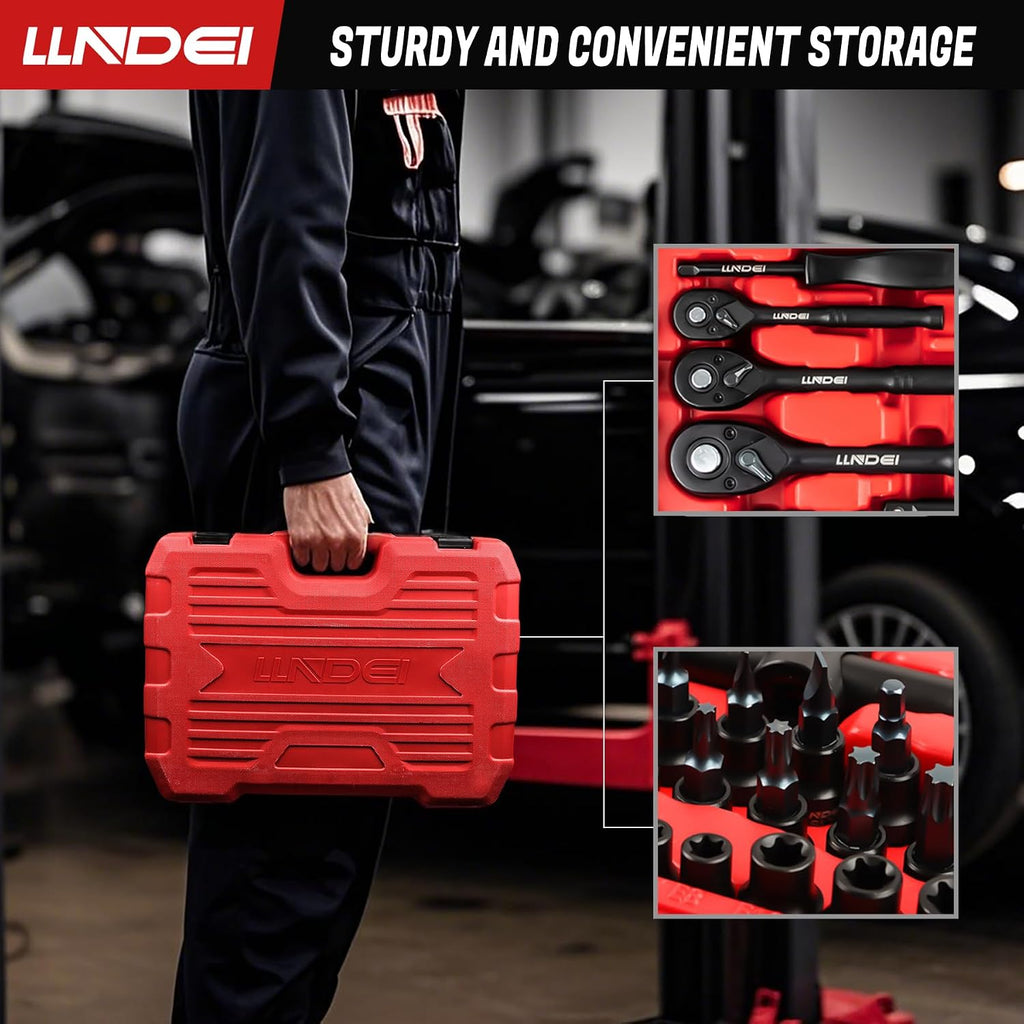 LLNDEI 160-Piece Mechanics Tool Set, Metric Socket Set 1/2 1/4 3/8 inch Drive Professional Tool Kit, CR-V Deep & Shallow Kit with Quick Release Ratchet