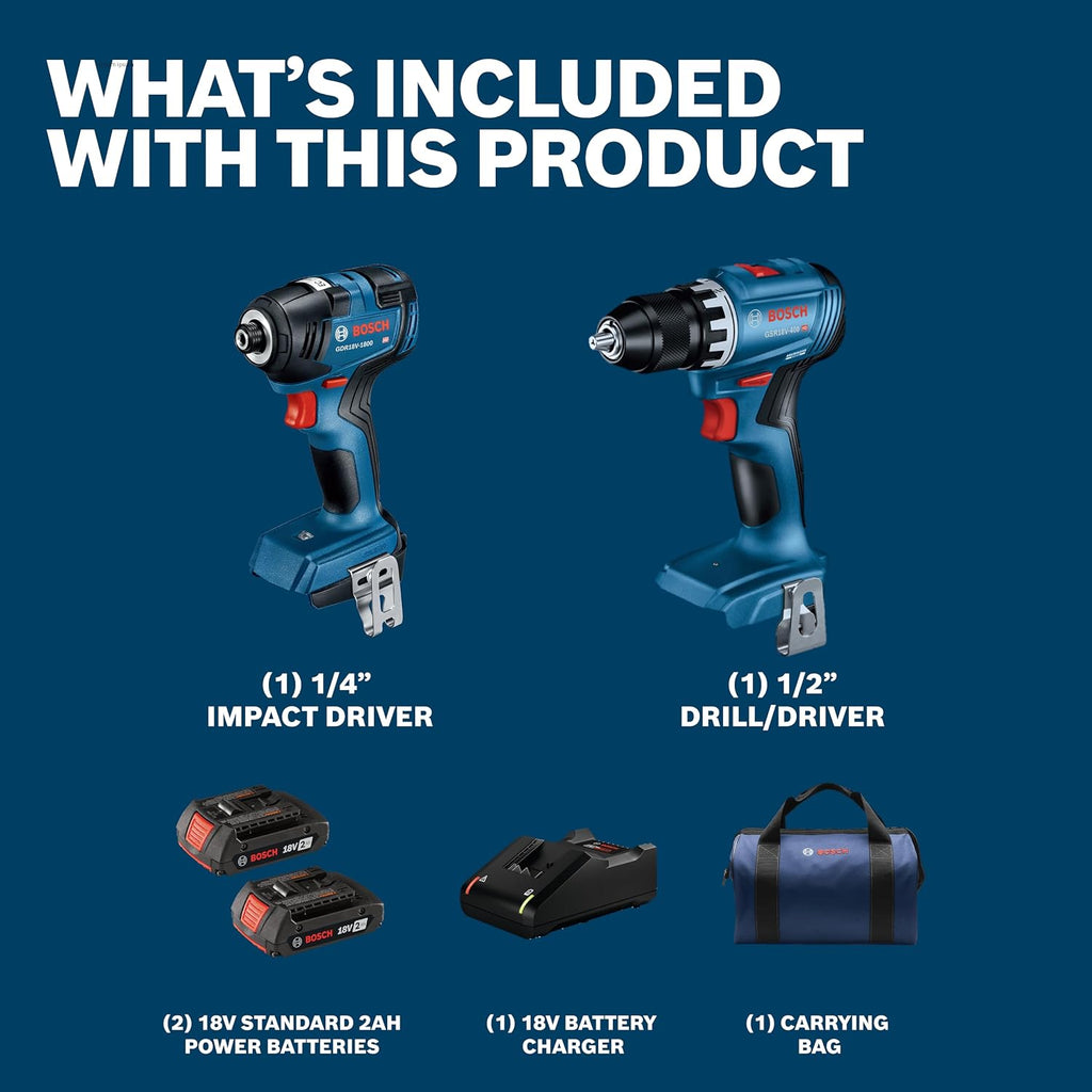 BOSCH GXL18V-27B22 Power Tool Combo Kit - 18V Brushless Compact 1/2 In. Cordless Drill Driver and 1/4 In. Hex Impact Driver (Includes: Two 2.0Ah Batteries, 18V Charger, and Carrying Tool Bag)