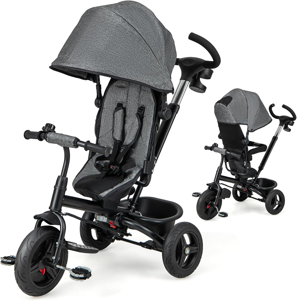 HONEY JOY Tricycle, 6 in 1 Kids Trike Stroller w/Adjustable Push Handle & Canopy, Reversible Seat, Safety Belt, Folding Pedal, Cup Holder, Storage, Push Tricycle for Toddlers 9 Months-5 Years (Gray)