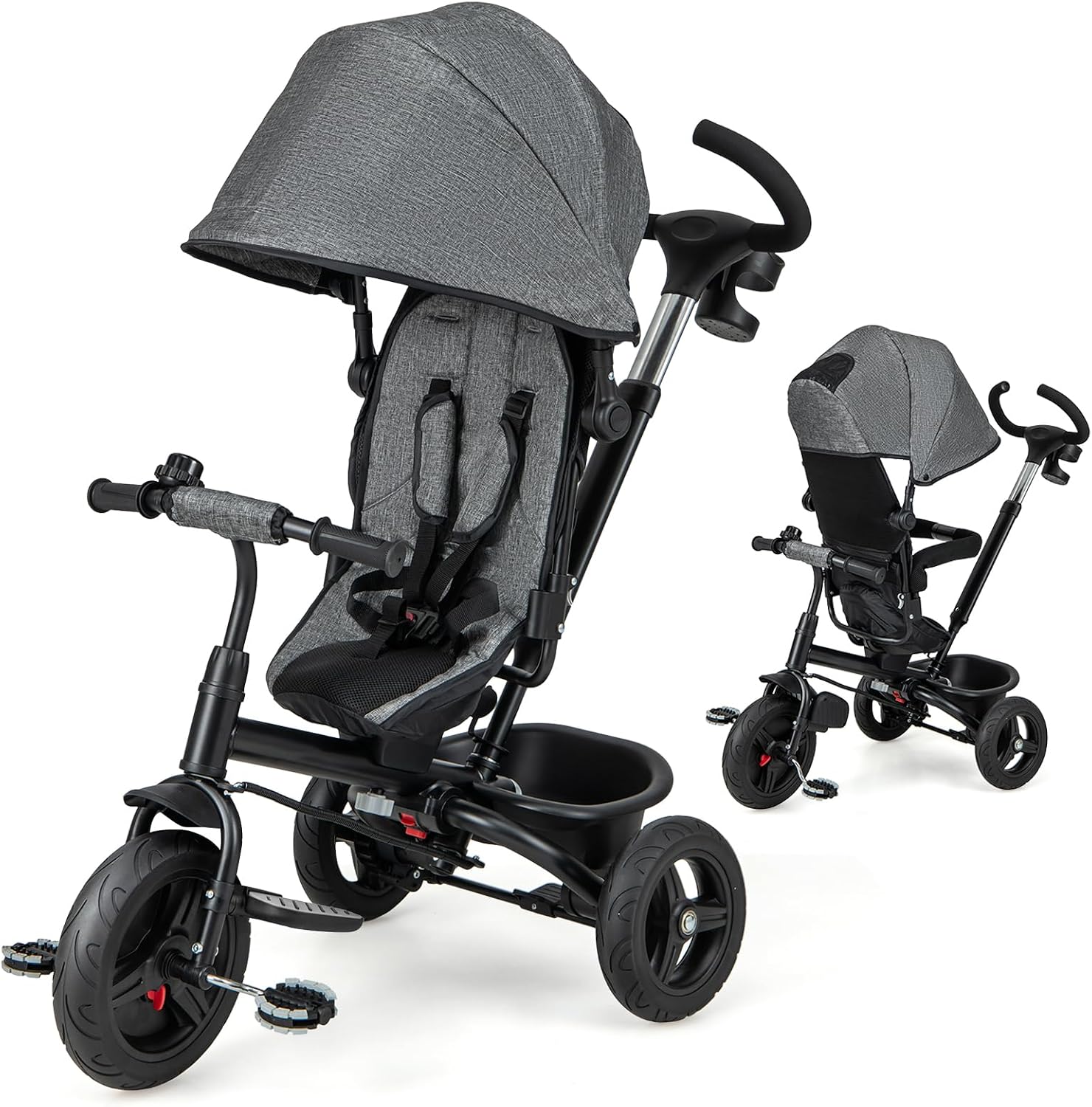 HONEY JOY Tricycle, 6 in 1 Kids Trike Stroller w/Adjustable Push Handle & Canopy, Reversible Seat, Safety Belt, Folding Pedal, Cup Holder, Storage, Push Tricycle for Toddlers 9 Months-5 Years (Gray)