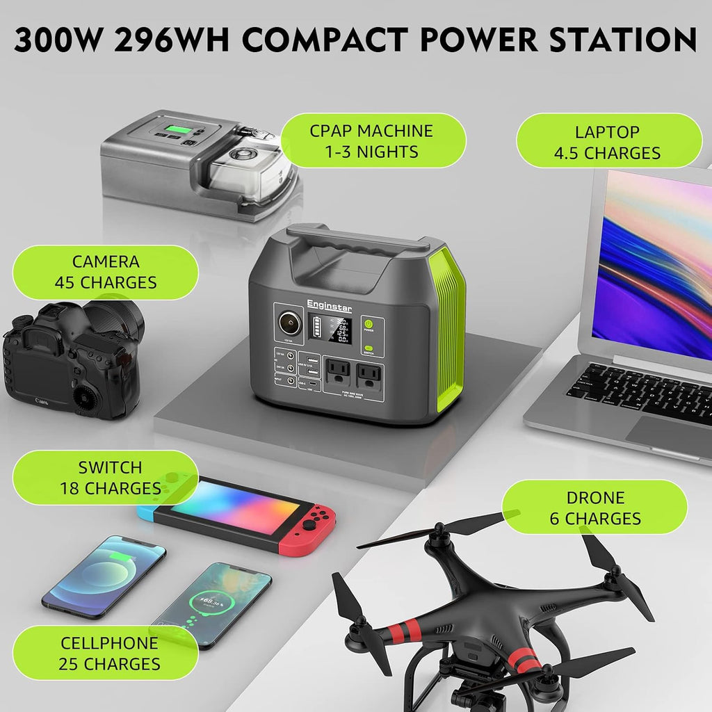 EnginStar Portable Power Station, 300W 296Wh Battery Bank with 110V Pure Sine Wave, 60W Foldable Solar Panel with 18V DC Outlet for Portable Power Stations