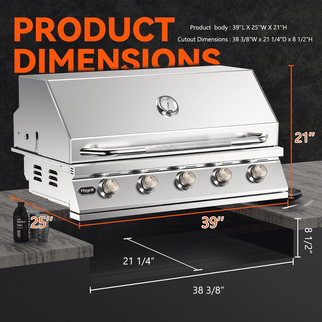Hygrill STD Series 40-Inch Built In Grill, Stainless Steel 5-Burner Grill Head for Outdoor Kitchen, Natural Gas