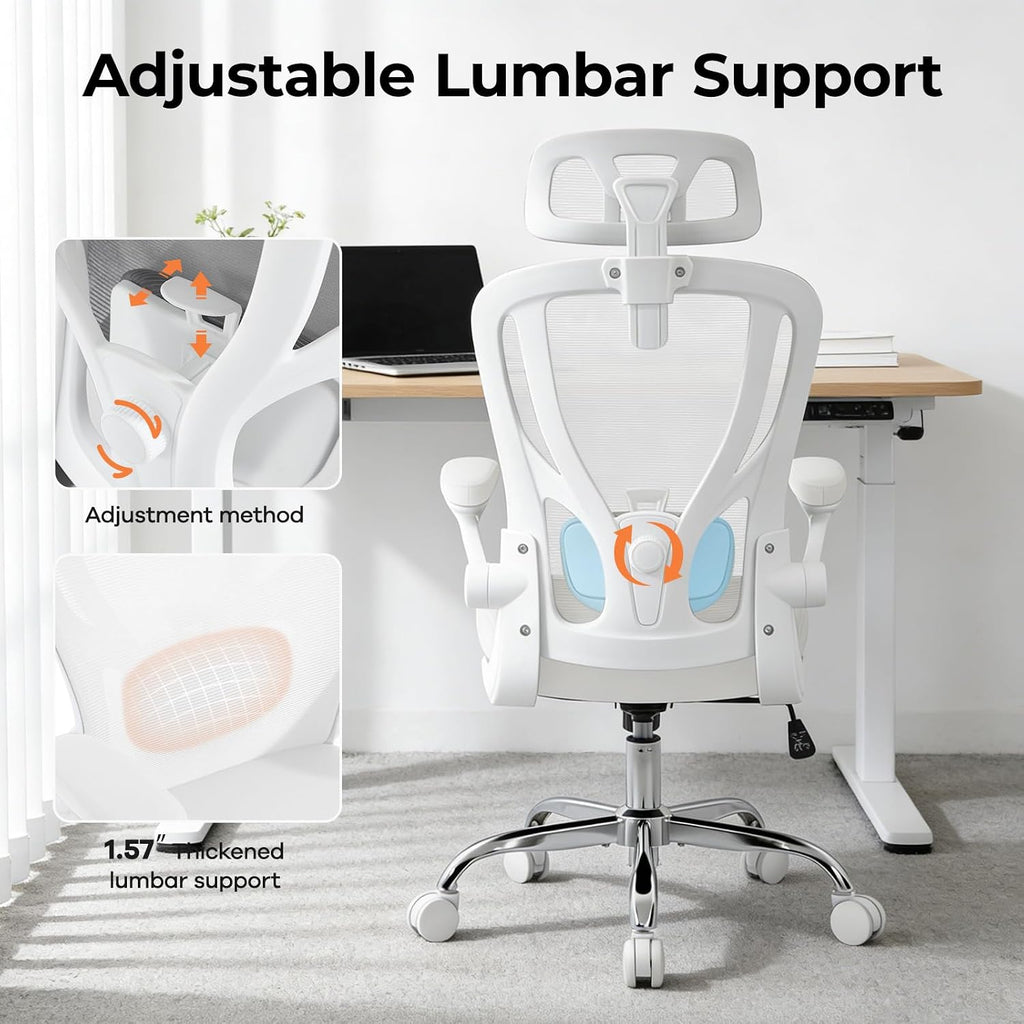 Office Chair Ergonomic Office Chair with Lumbar Support, Head Support, Rocking Function, FLIP-up Armrests, Mesh High Back Chair Home Office Desk Chair, Suitable for Home, Office, White