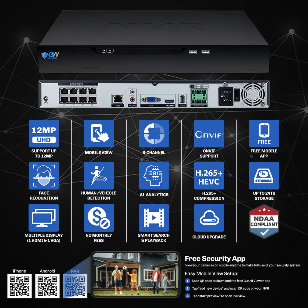 GW Security 8 Channel 12MP NVR Face Recognition/Human/Vehicle Detection 4K 8MP Security Camera System - Eight 8MP 2160P Outdoor Microphone AI Bullet Cameras, Video & Audio Recording, 2TB Hard Drive