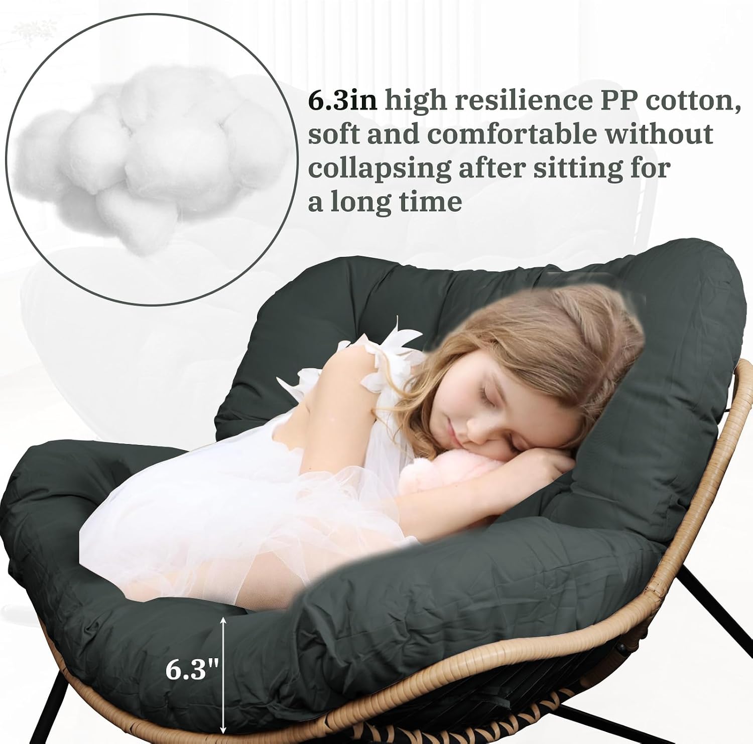 Outdoor Rocking Chair Cushions 6.3' Thick, Only Cushion, Waterproof, Fade-Resistant, Patio Egg Lounge Chair Cushion with 6 Straps, Indoor Papasan Chair Cushion (Dark Gray)