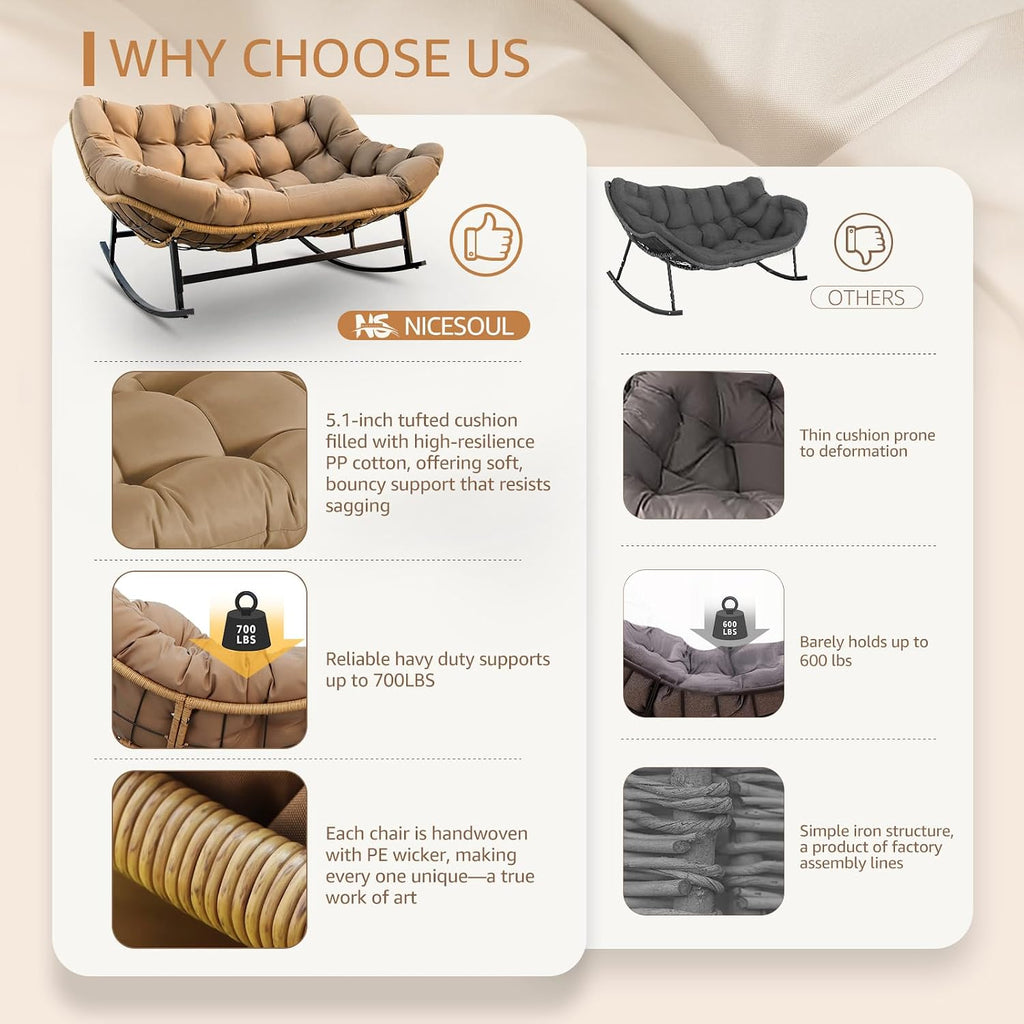 NICESOUL Patio Double Rocking Papasan Chair with Ottoman, Indoor Outdoor Padded Rocking Chair for 2 Person, Oversized Egg Loveseat Wide Rattan Cozy Royal Rocker for Lawn, Garden, Deck, Tan