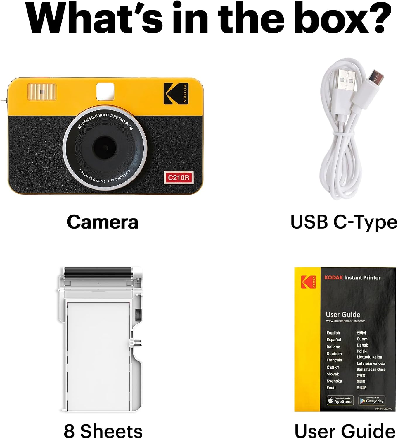 KODAK Mini Shot 2 Retro 2x3' Instant Digital Camera & Photo Printer, 8 Sheets, 2-in-1 Portable Print Camera, Bluetooth Smartphone Printer for iOS & Android, 4PASS Dye Sublimation, Yellow