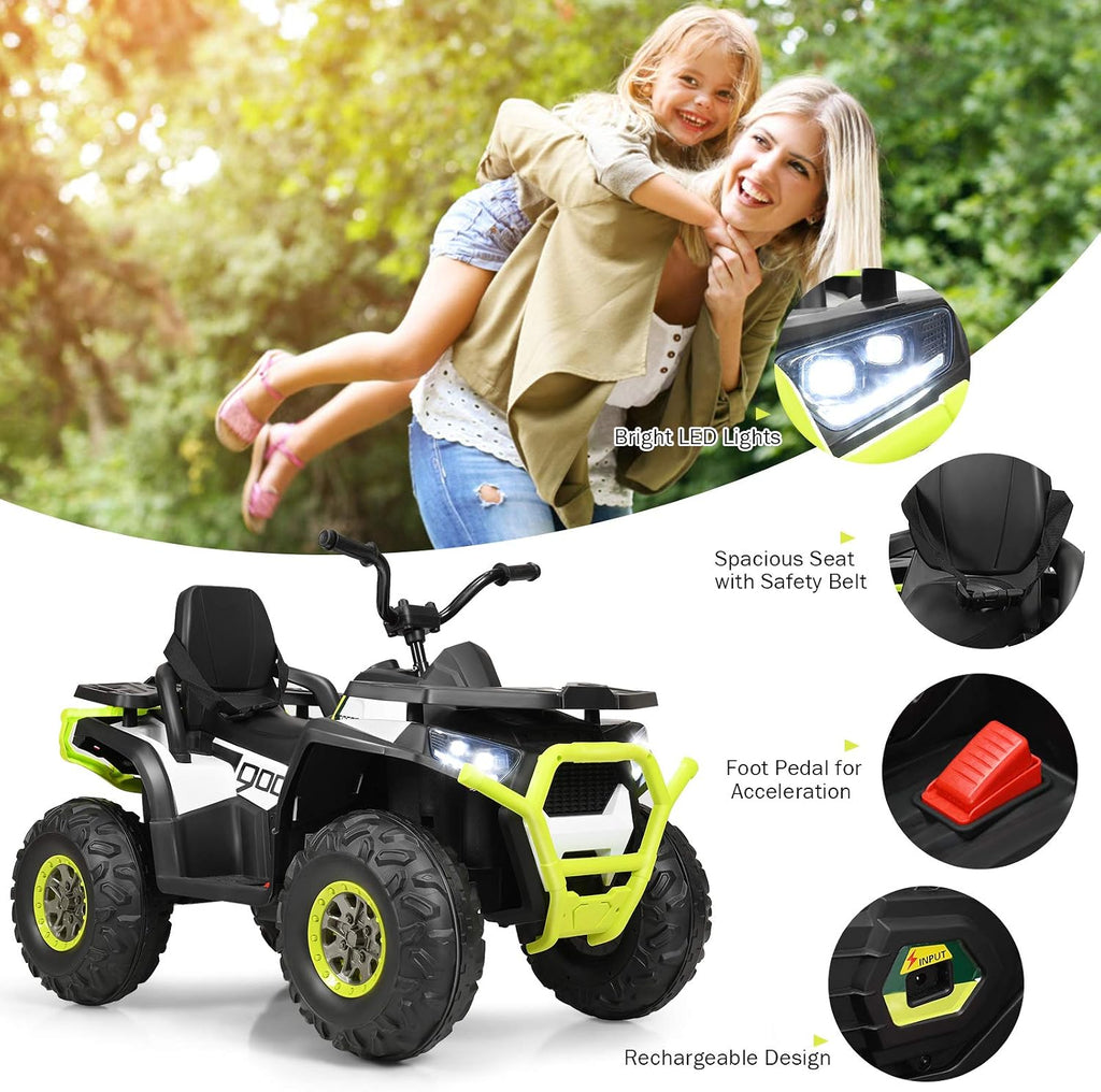 Costzon Kids ATV, 12V Battery Powered Electric Vehicle w/Safety Belt, LED Light, Music, Horn, 2 Speeds, USB/ MP3/TF, Treaded Tires, Ride on Car 4 Wheeler Quad for Boy & Girl Gift, Ride on ATV, Green