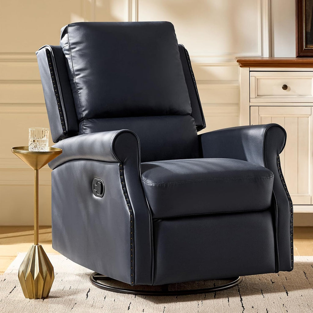 HULALA HOME Faux Leather Swivel Rocker Recliner with Adjustable Backrest and Footrest, Push Back Recliner Chair with Nailhead Trim, 360° Swivel Glider Rocking Chair for Living Room Bedroom, Navy