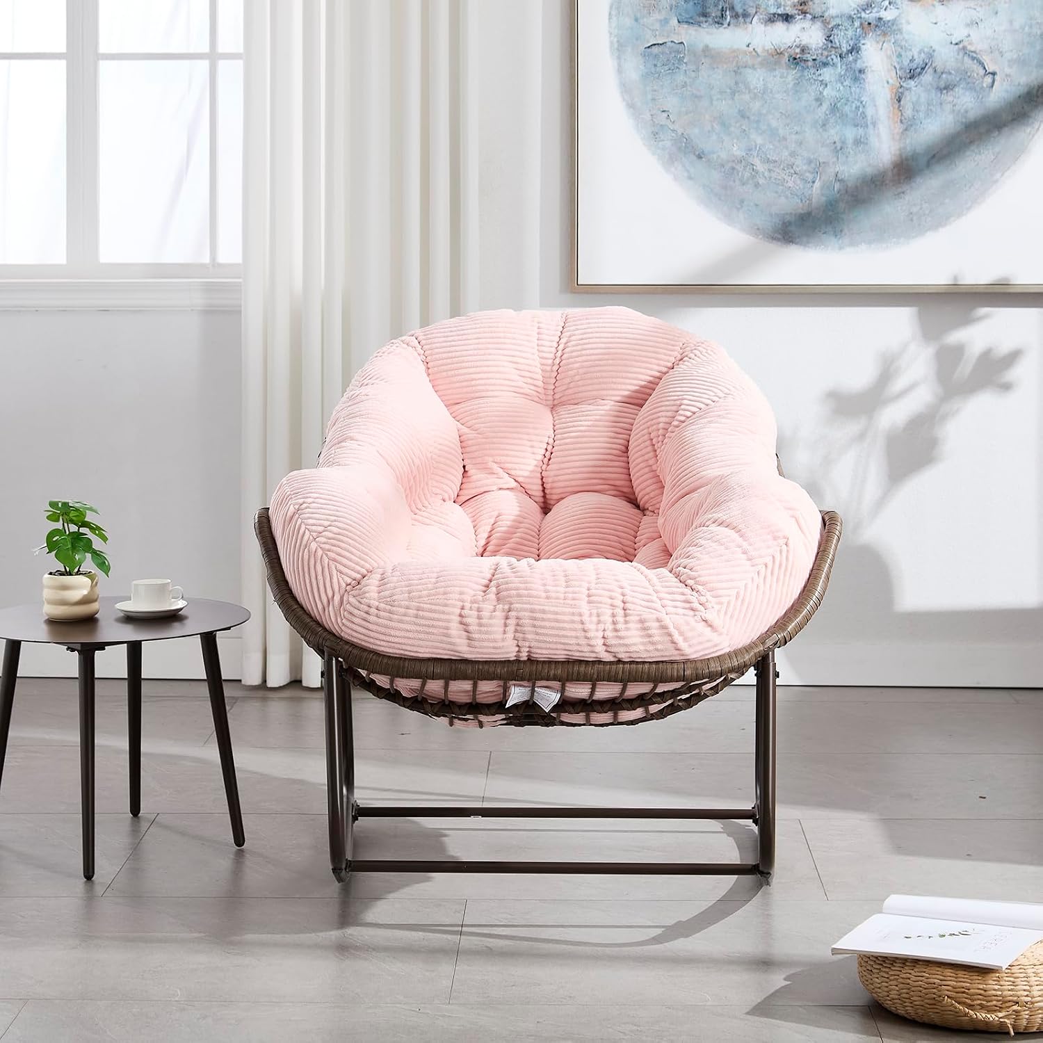 Rattan Rocking Chair for Indoor Outdoor Patio Oversized Wicker Egg Chair with Steel Frame Corduroy Padded Cushion Rocker Recliner Chair Comfy Lounger Papasan Chair for Living Room Porch Garden, Pink