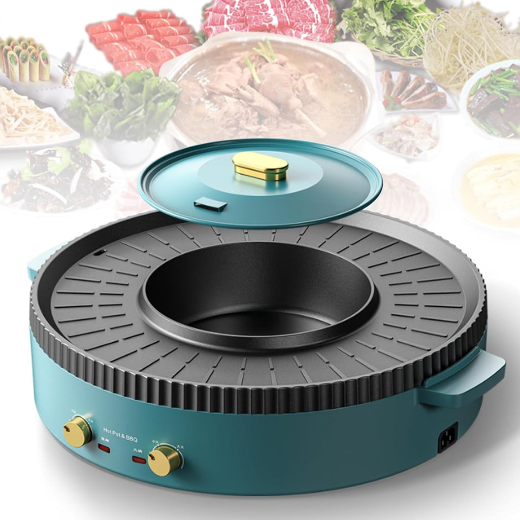 Household Electric Hot Pot with Grill, Teppanyaki Grill Pot and BBQ Pan, Independent Temperature Control, Non-stick Coating, Easy to Clean, For 2-6 People to Enjoy, 1500 W,B