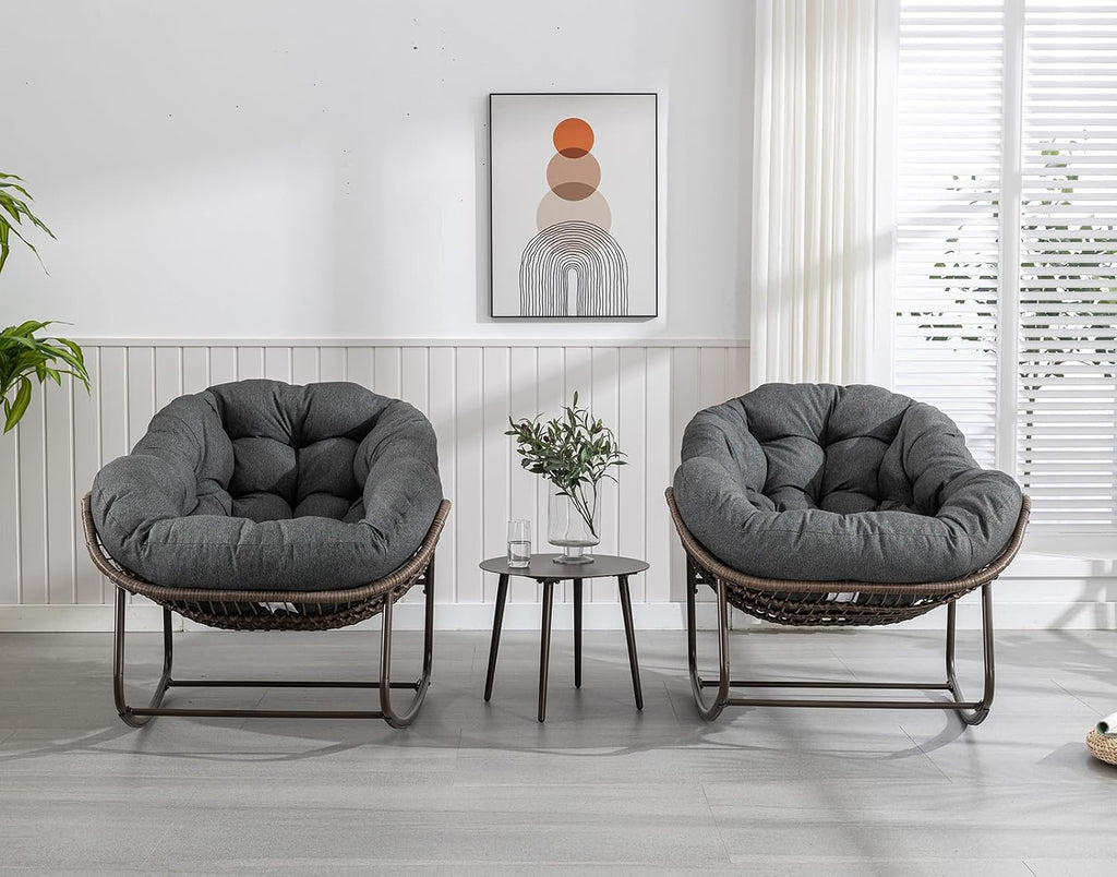 Outdoor Rocking Chair Set of 2, Patio Oversized Wicker Egg Rocking Chair, Indoor & Outdoor Comfy Rocker Chair with Thick Cushion, Modern Lounge Chair for Balcony, Porch, Garden, Backyard, Deck, Grey