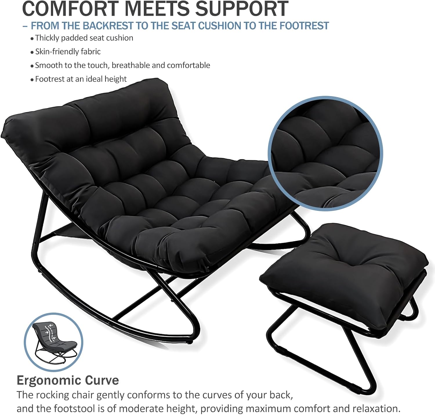 Oversized Papasan Rocker, Comfy Patio Rocking Chair, Outdoor Rocker Chair, Indoor Rocking Egg Chair with Cushion & Ottoman for Bedroom, Living Room, Front Porch (Black)