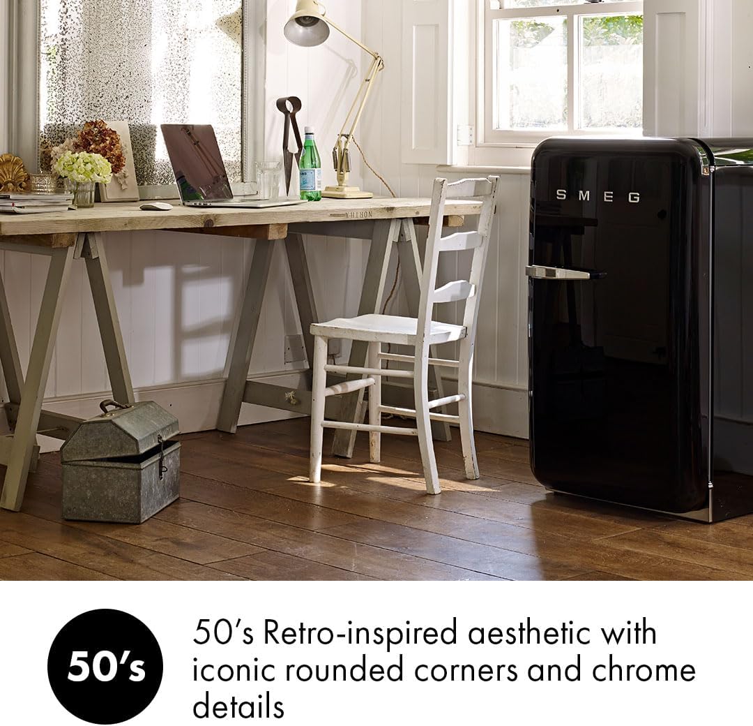 Smeg FAB5 16' 50's Retro Style Series Compact Cooler with 1.5 cu. ft. Capacity Automatic Defrost LED Interior Lighting and Adjustable Shelves Right Hand Hinge Made in Italy (Black)